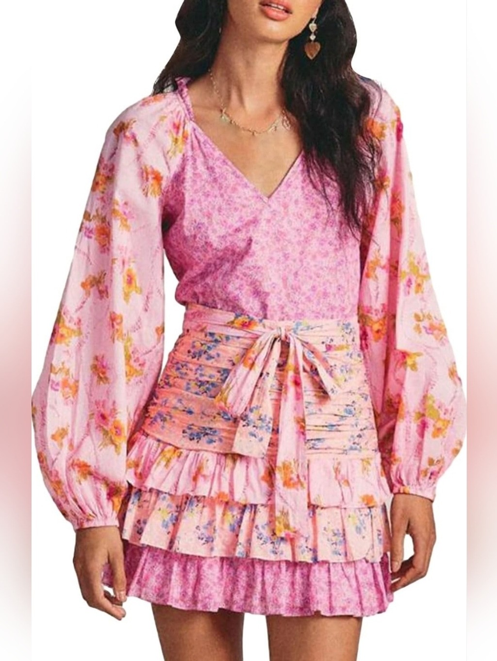 EUC For Love Bell Pink Floral Tiered Mini Dress with Puff Sleeves – Womens Small