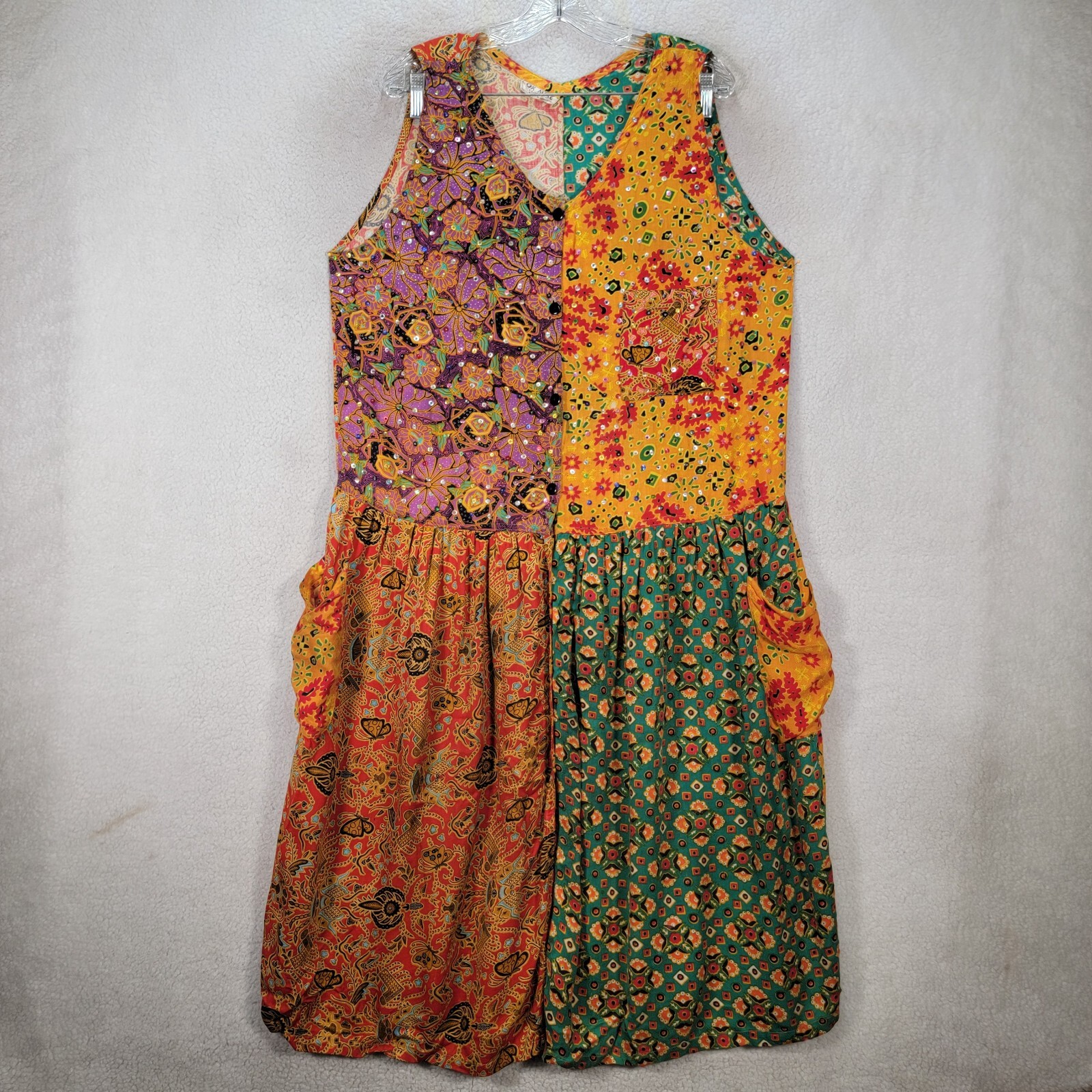 Vtg 90s OK Mike Women Dress Size OS Yellow Floral Sequin Flowy Colorful Midi Sun