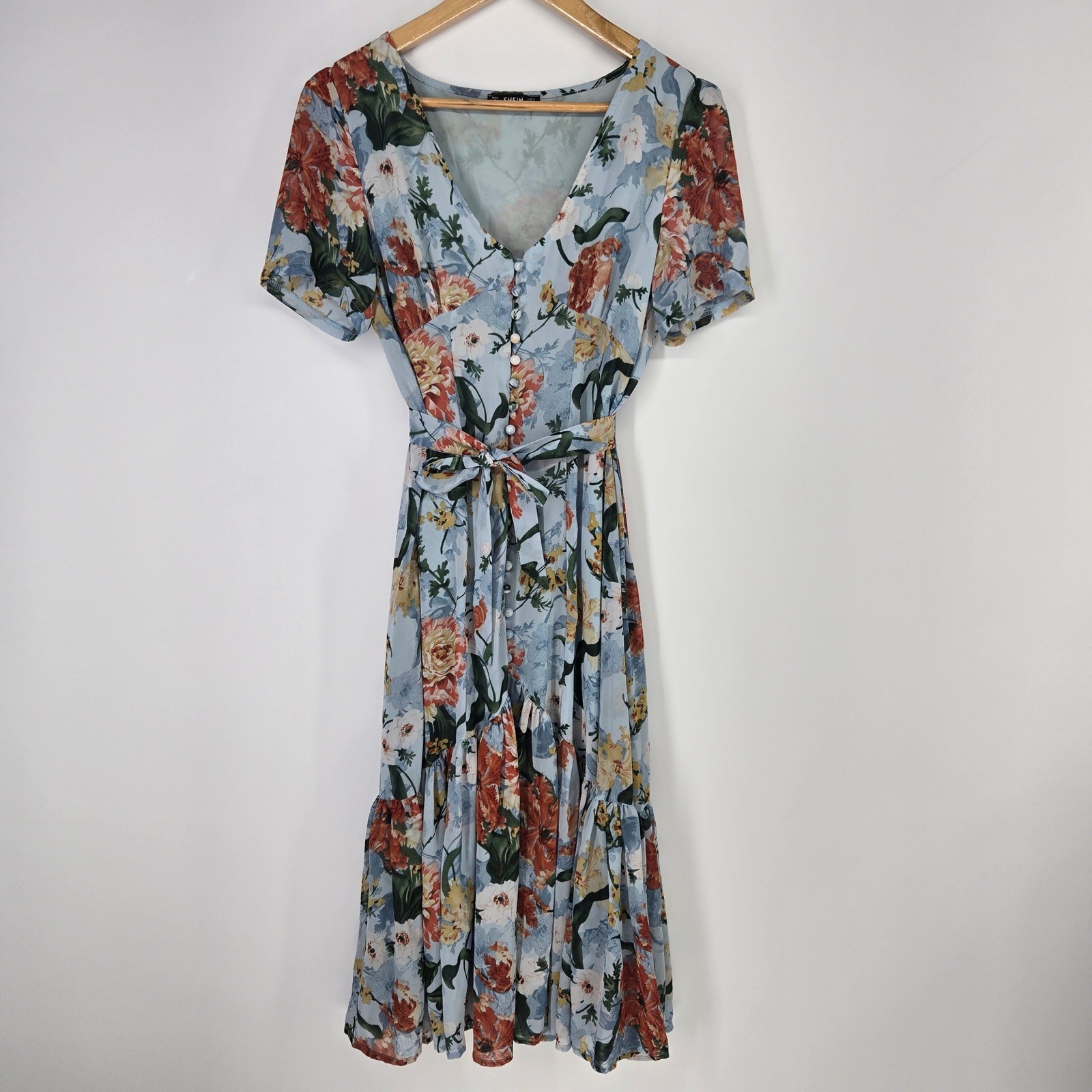 Midi Dress Small Blue Floral Button Front Ruffle Hem Cottagecore Fairy Boho