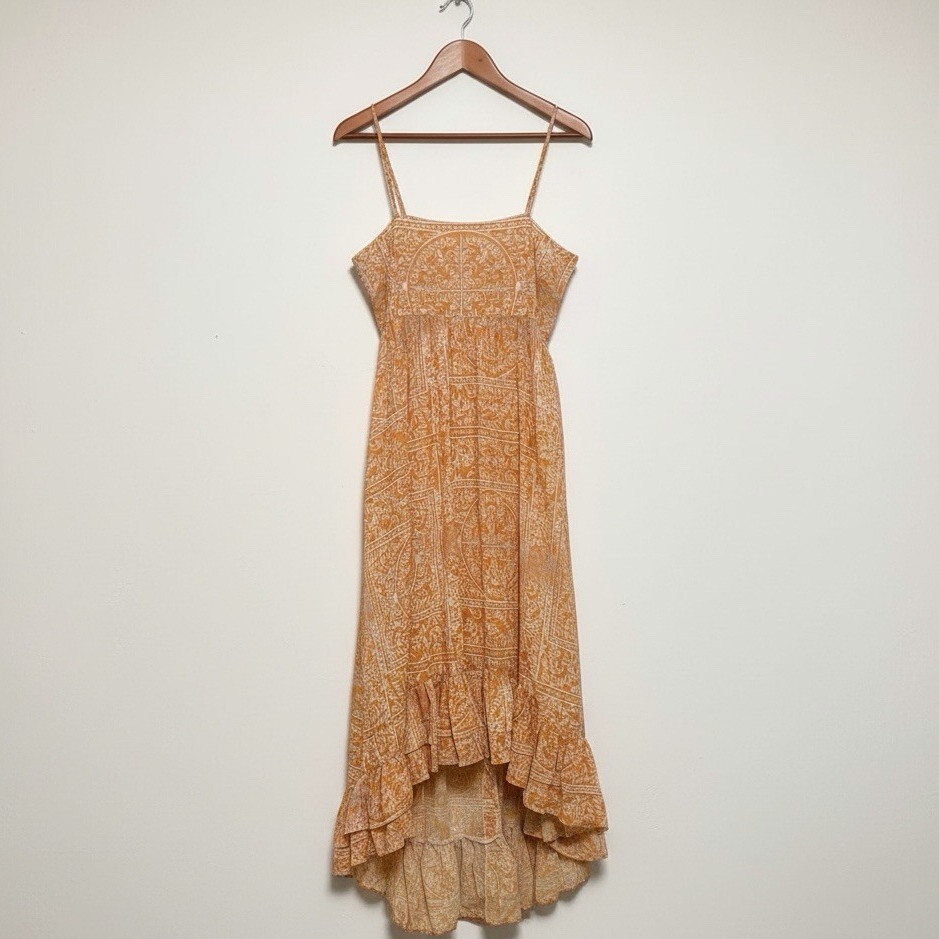 KLEID For Her Orange Tile Print High Low Ruffle Maxi Dress Size Large Boho L