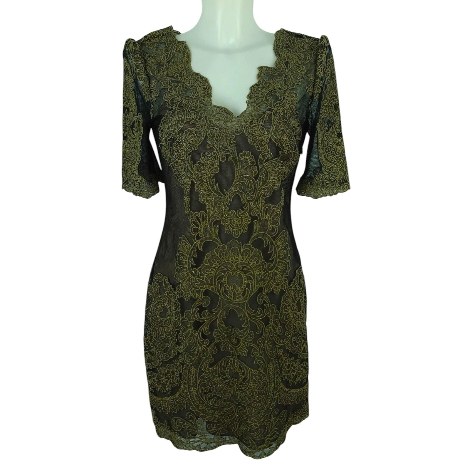 Karen Millen Lace Dress 10 Embroidered Sheer Black Gold Mini Shift