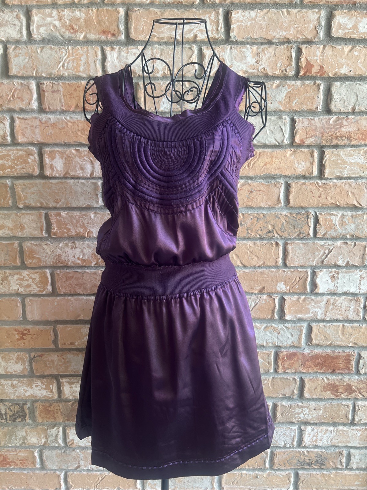 Lovestitch Mini Dress Womens M Eggplant Purple Satin Embroidered Boho Sleeveless