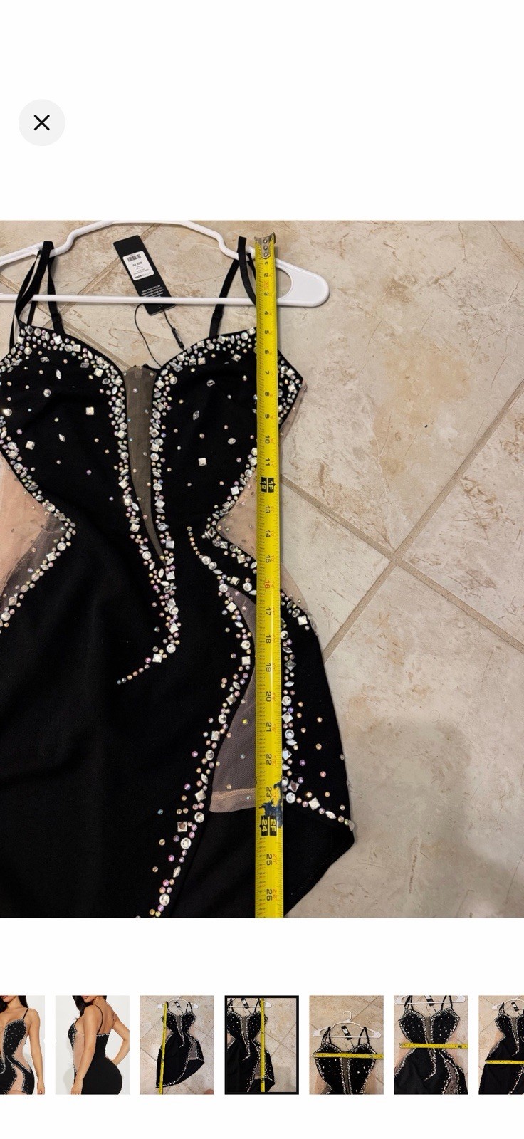 Black Rhinestone Mesh Sheer Bodycon Mini Dress S V-Neck Spaghetti Strap XS