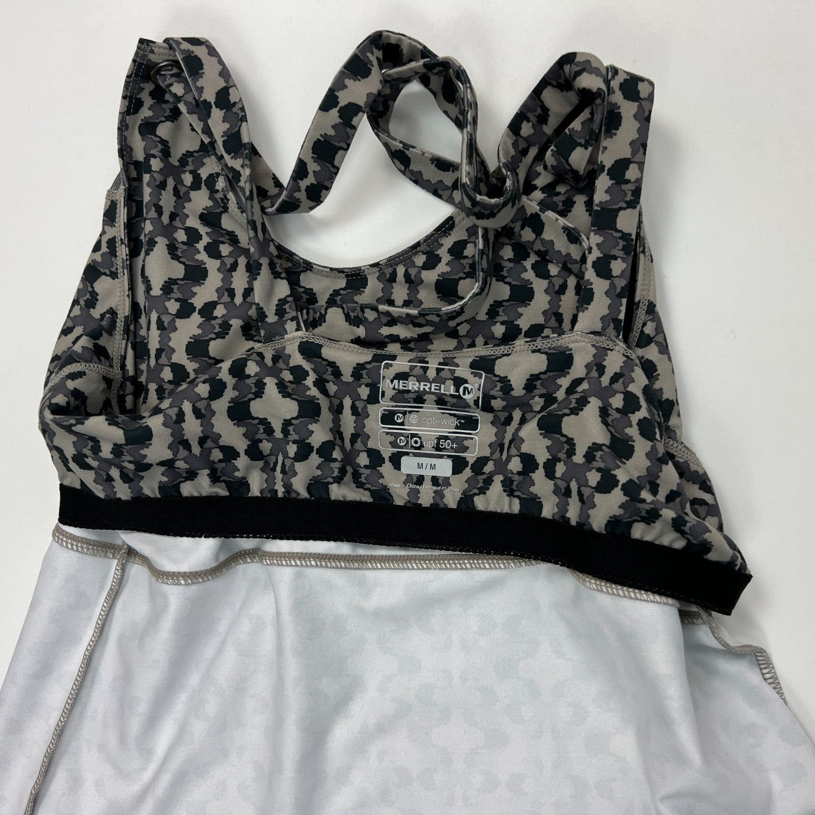 Merrell Womens M Gray Print Opti Wick UPF Strappy Dress Shelf Bra Beach Active