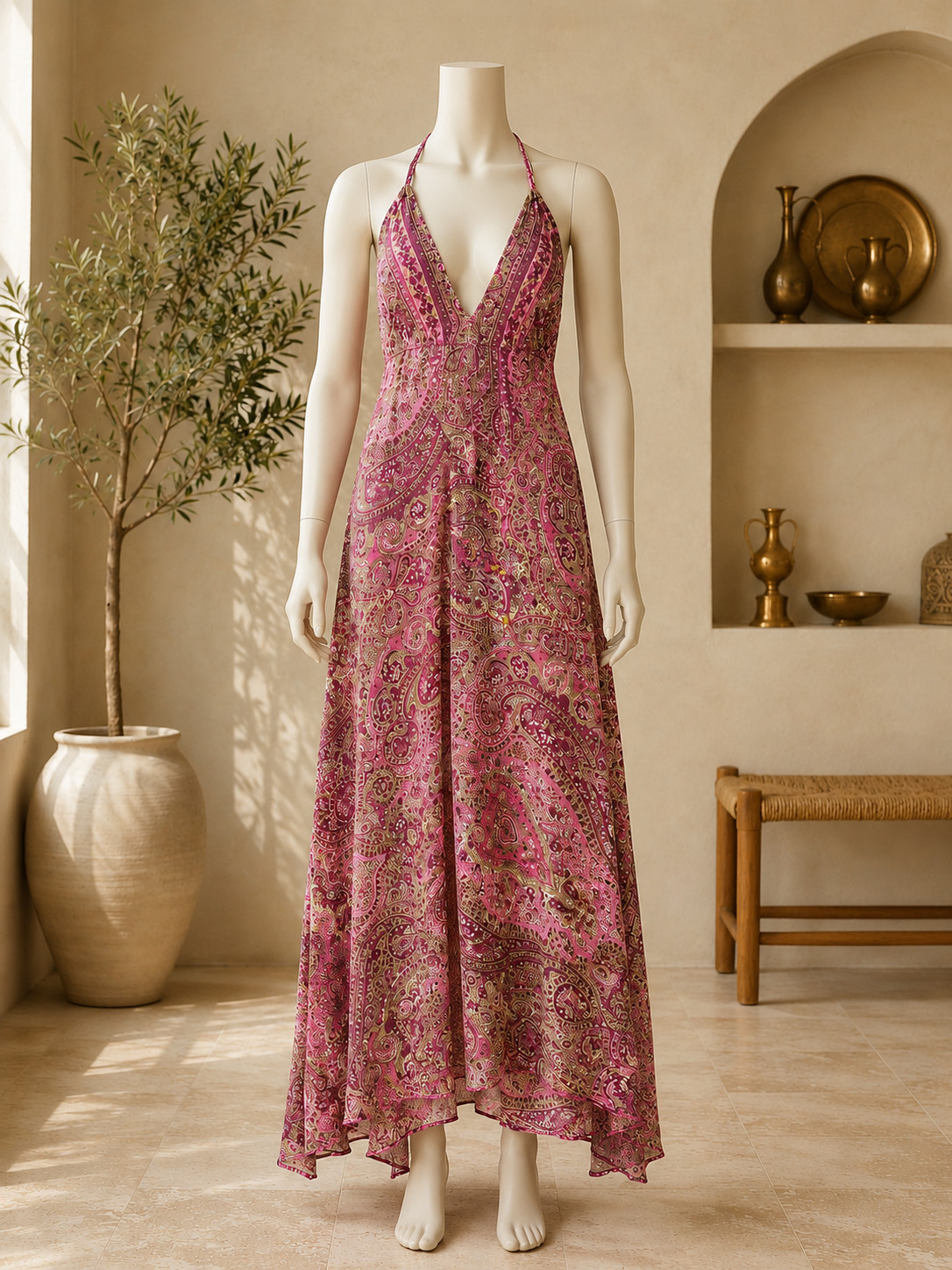 Women’s Boho Maxi Dress Paisley Halter Beach Sundress Summer Vacation Dress