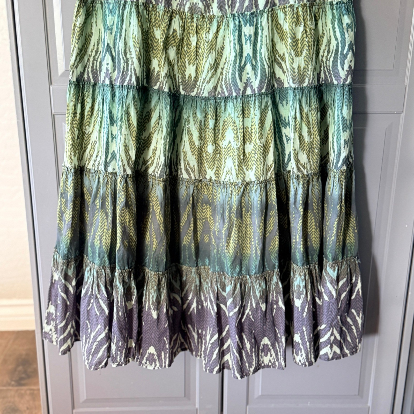 Reba Ikat Beaded Neckline Sleeveless Tiered Midi Dress ,Green Purple 10