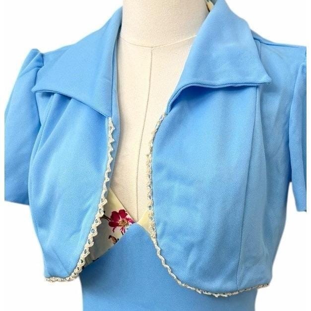 Vintage Halter Maxi Dress Jacket Set Blue Floral Formal Size 13 MCM 70s