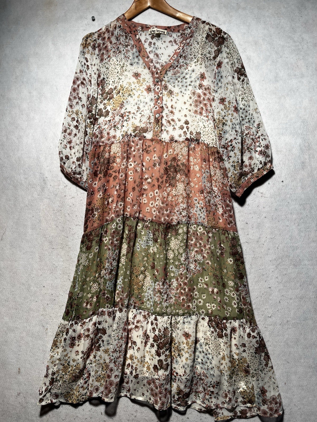 Hope Springs Floral Maxi Dress Sz XL Green Pink Sheer Tiered Ruffled Boho Lined