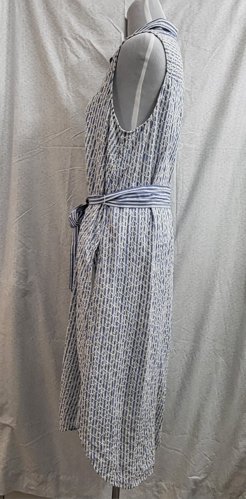 Anthropologie Stripe Sleeveless Button Embroidered Eyelet Blue White Dress Sz 12