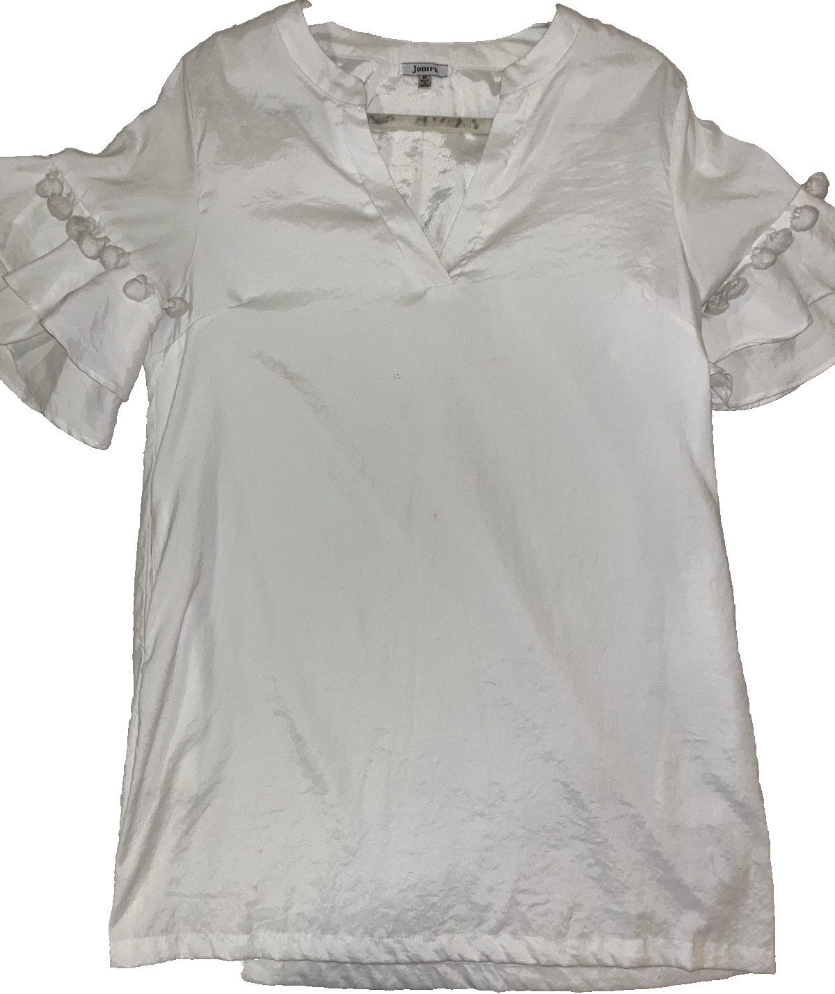 Women’s Jodifl Boutique Dress Solid White Sz Medium Short Ruffle Sleeve POM POM
