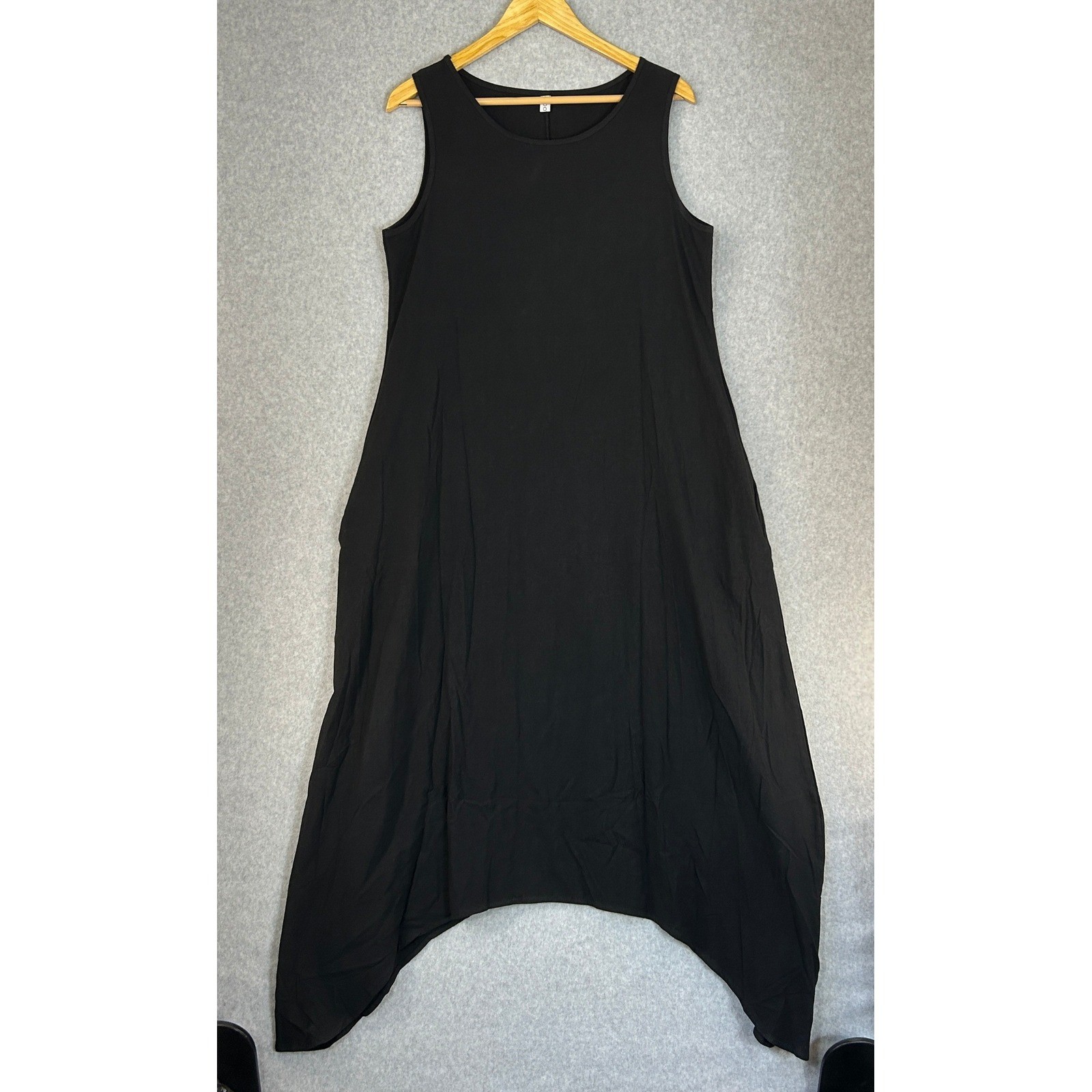 Black Asymmetric Sleeveless Maxi Tank Dress Pockets Lagenlook Misslook Medium