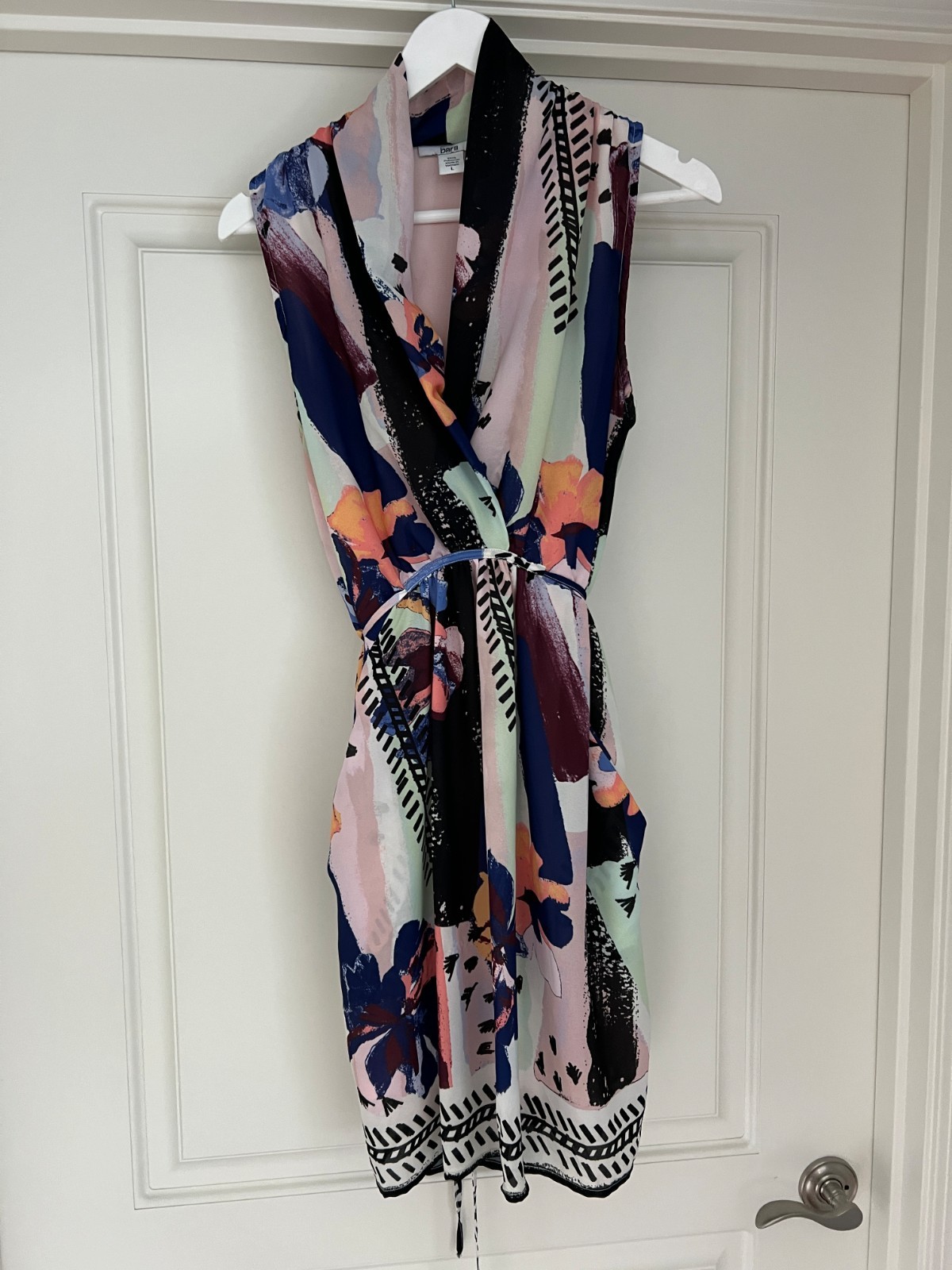 Bar III Women’s Large Sleeveless Floral Faux Wrap Dress Pink Blue Lined Pockets