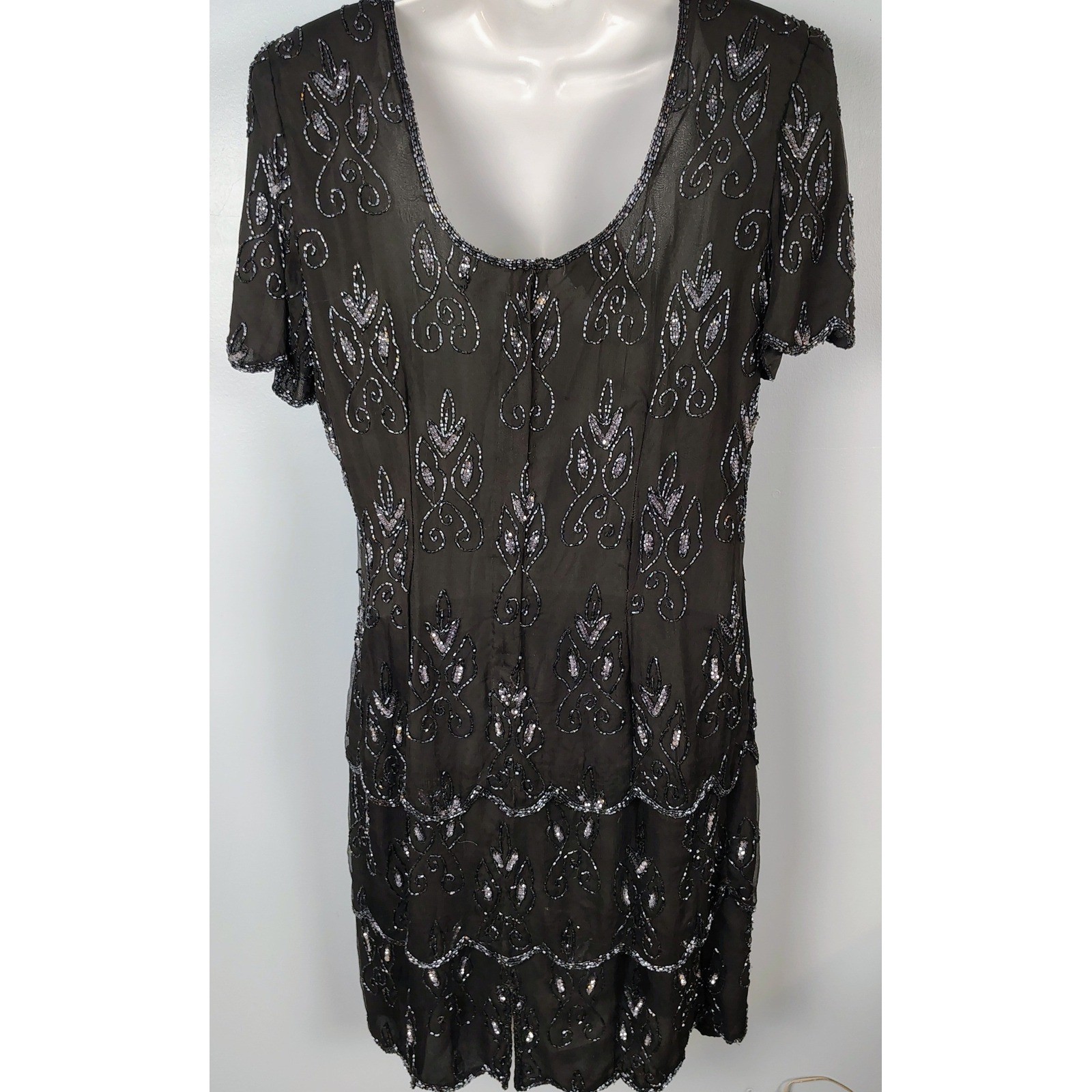 Stenay Vintage Silk Beaded Sequin Tiered Scalloped Hem Dress Black Silver Sz 12