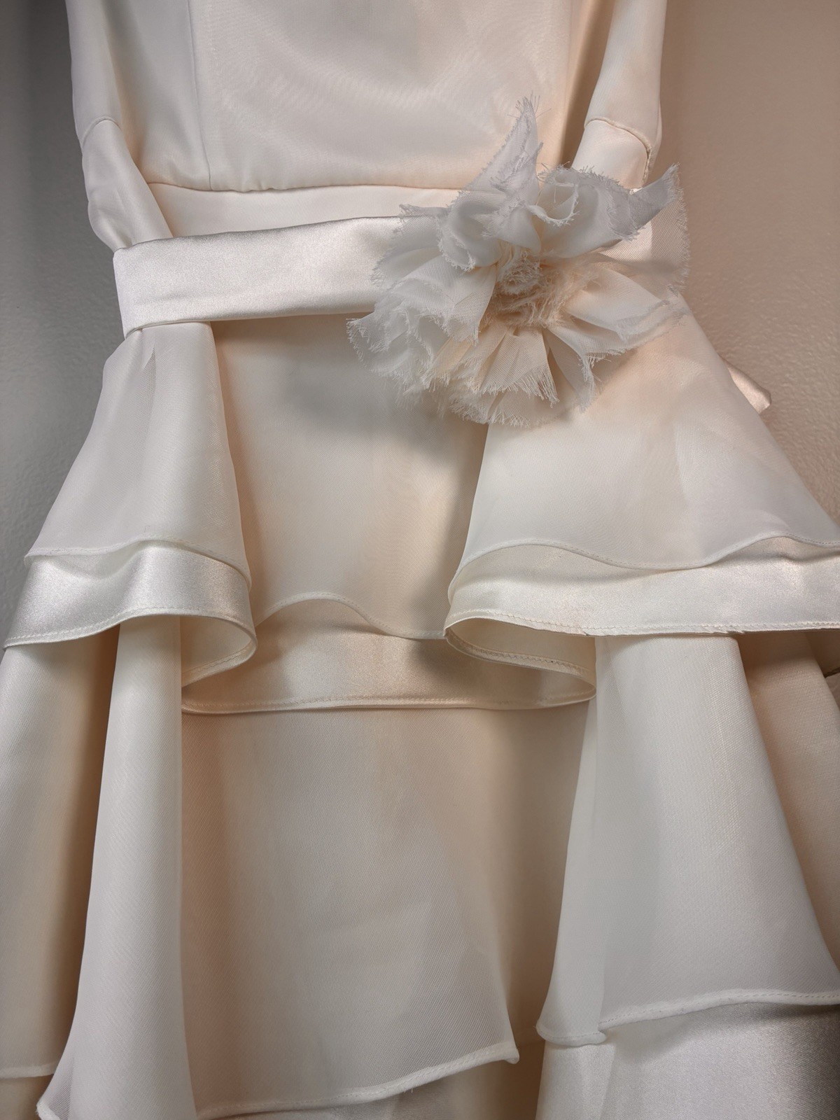 This is a vintage After Six ivory satin tiered ruffle mini dress