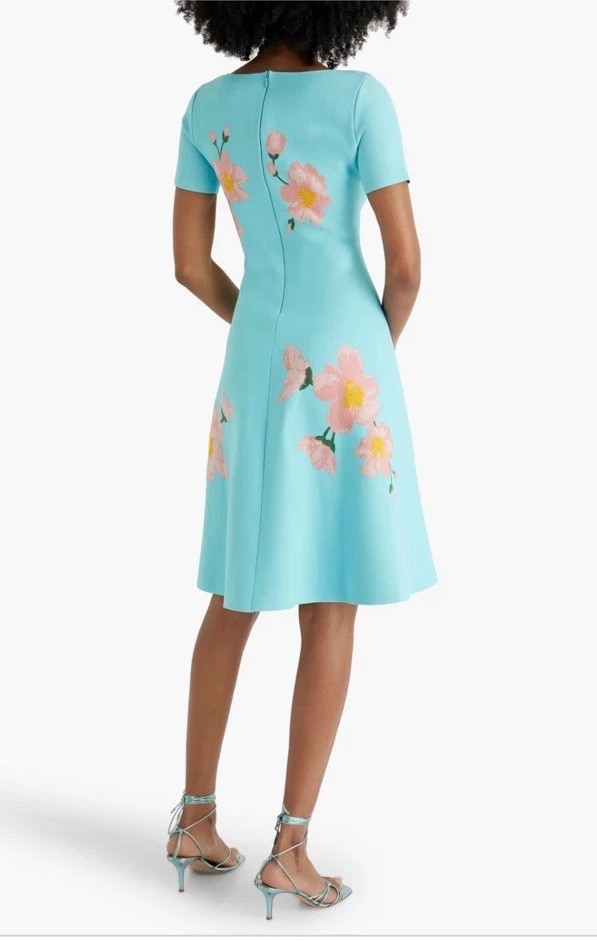 Final Price Carolina Herrera Floral Printed Fit Flare Midi Dress Blue 3XL $2390
