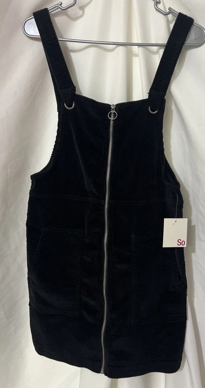 SO Black Zip Front Corduroy Pinafore Dress Sz M Pockets New