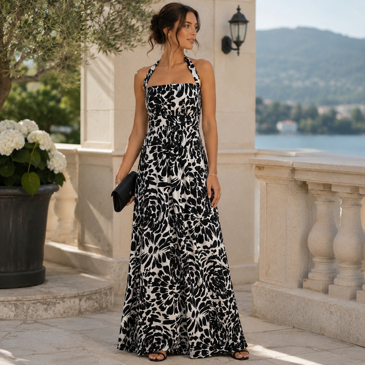 Alfred Angelo Maxi Dress Womens 14 Black White Artsy Floral Halter Empire Waist