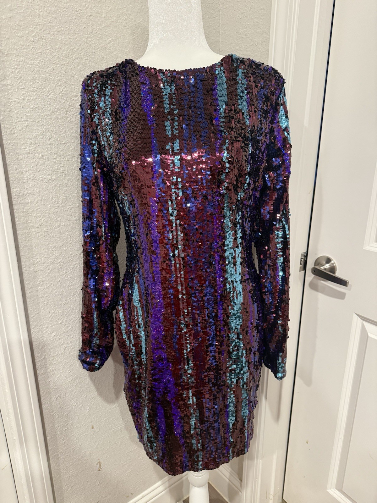 NWT Dress The Population Fran Sequin Long Sleeve Bodycon Mini Sheath Dress Sz L