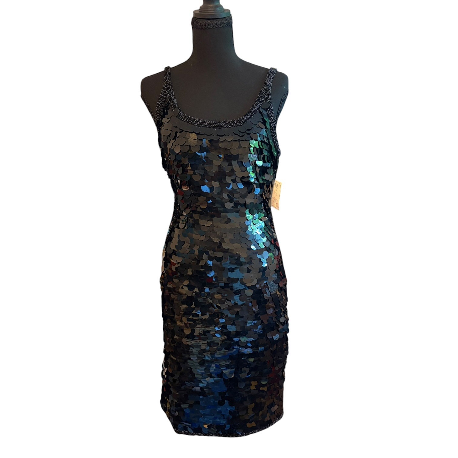 Sho Max Originals 90s Vtg Black Paillette Sequin Beaded Bodycon Dress Sz M