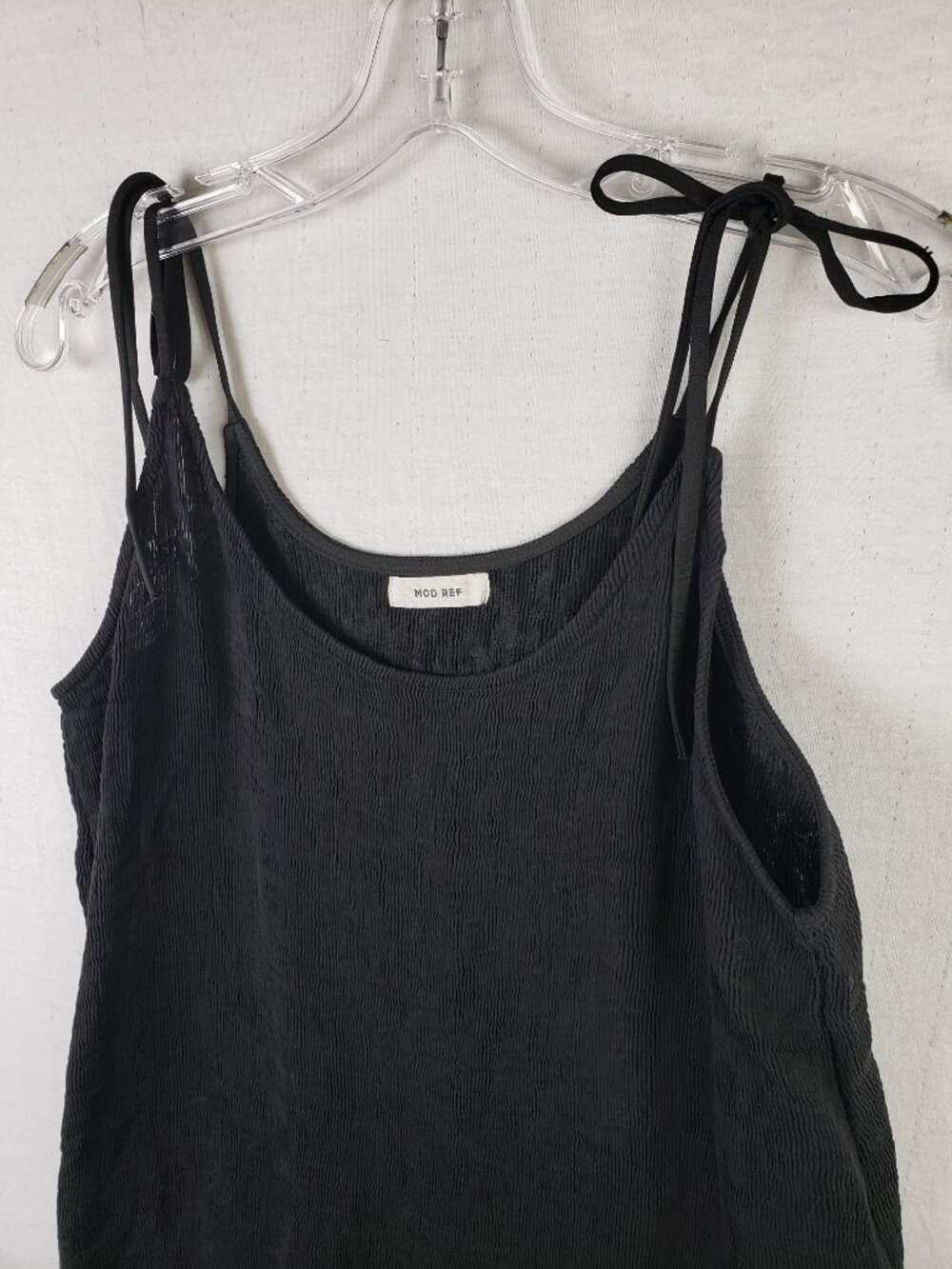 MOD REF Mini Dress Tunic Tie Straps Black Crinkled Ribbed Minimalist Resort sz M