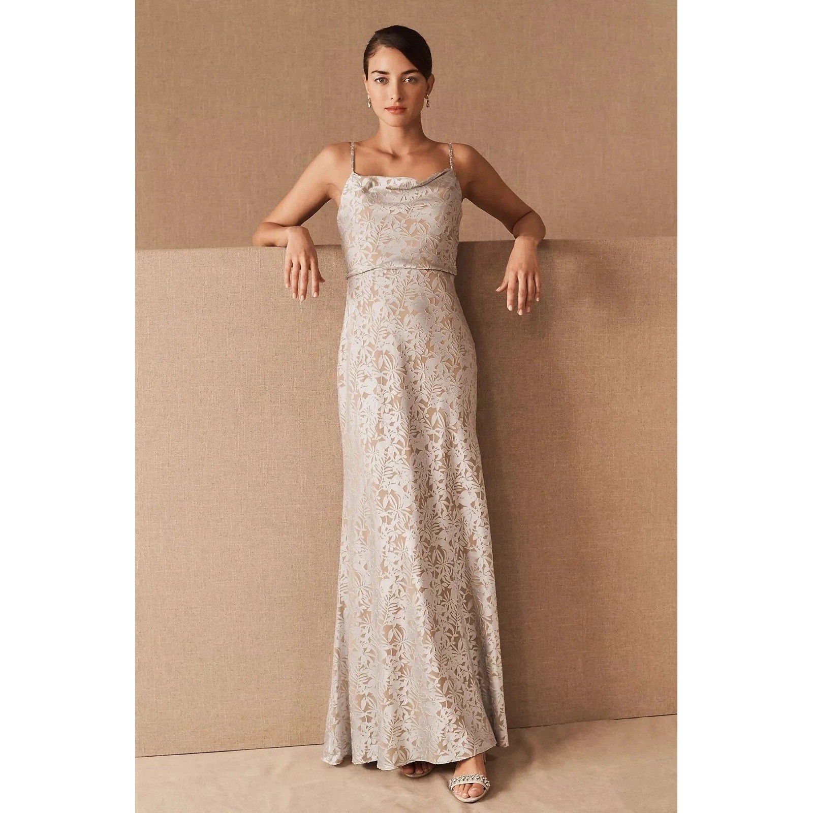 Jenny Yoo Collection Dahlia Satin Burnout Floral Gown Cowl Neck Dress Size 6 EUC