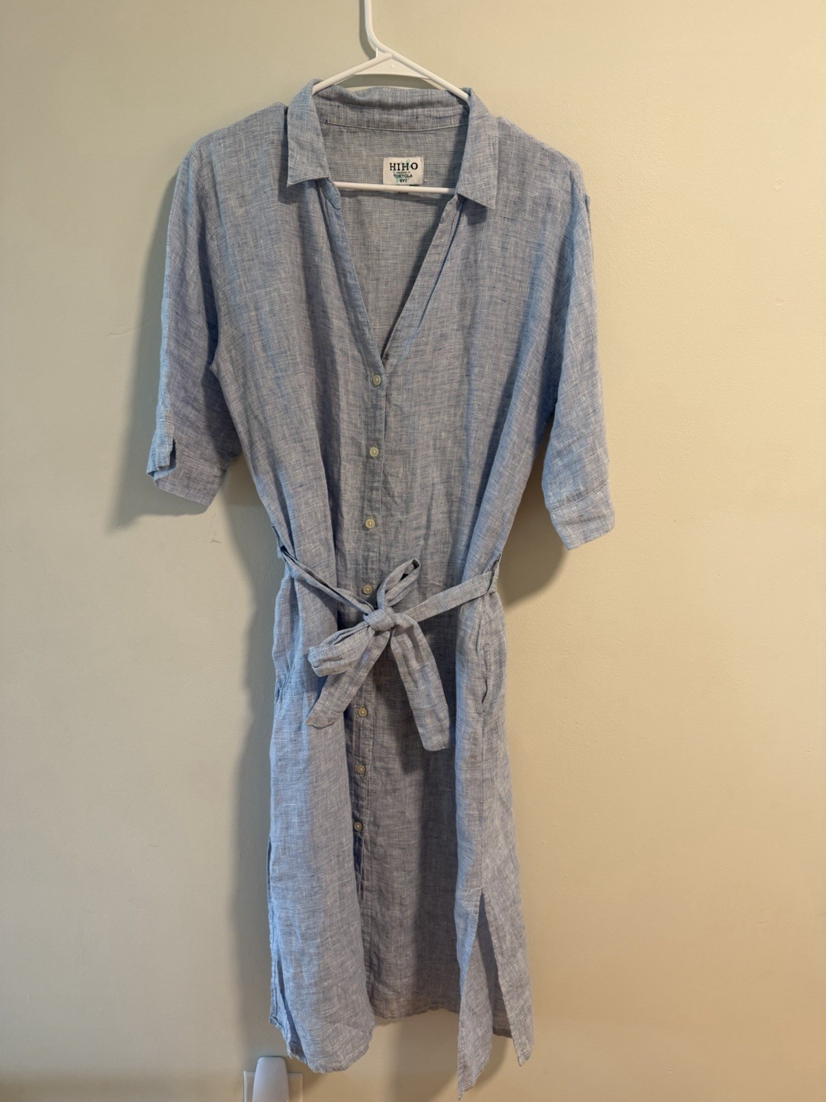 HiHo Tortola BVI 100% Linen Shirt Dress Blue Button Front Belted Women’s L