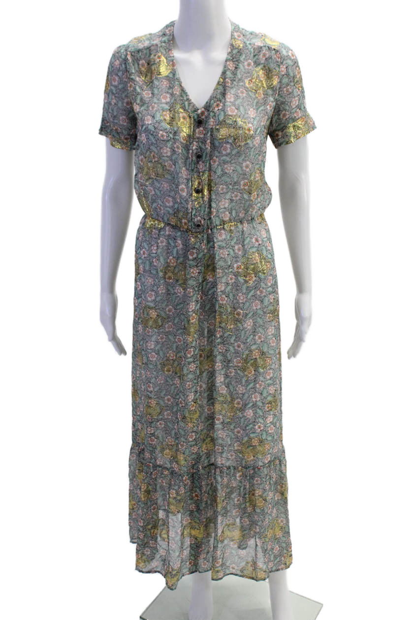 The Kooples Women Green Floral Maxi Shirt Dress Short Sleeve Size 3
