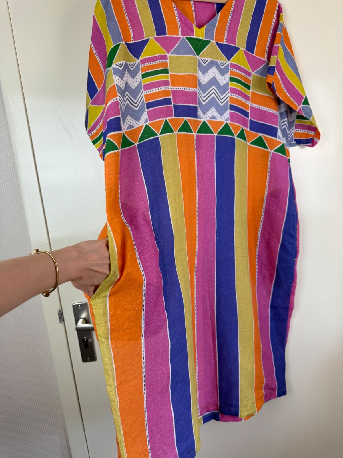 GUDRUN SJODEN Linen Multicolor Cheerful Dress Kaftan Ikat Geometric Sundress L