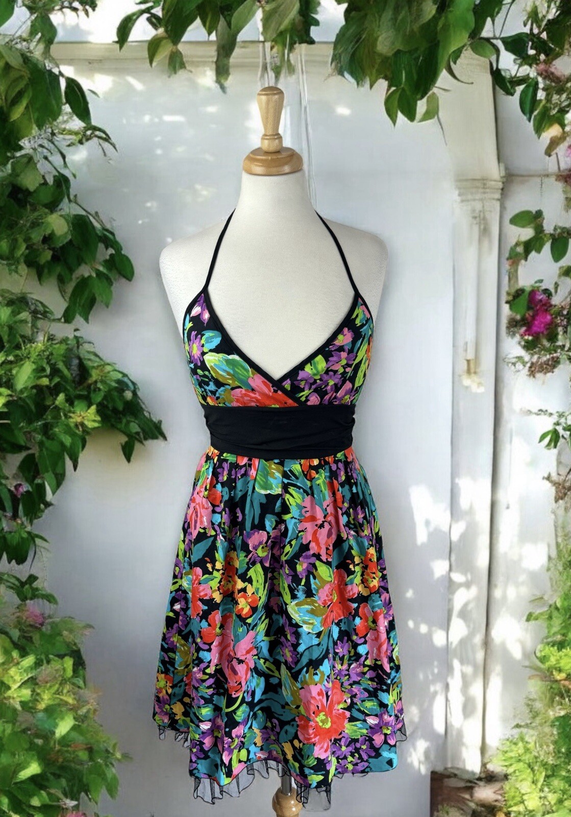 Colorful Flower Print Fit Flare Mini Halter Dress Formal Fairy Boho Pin Up Y2K 5
