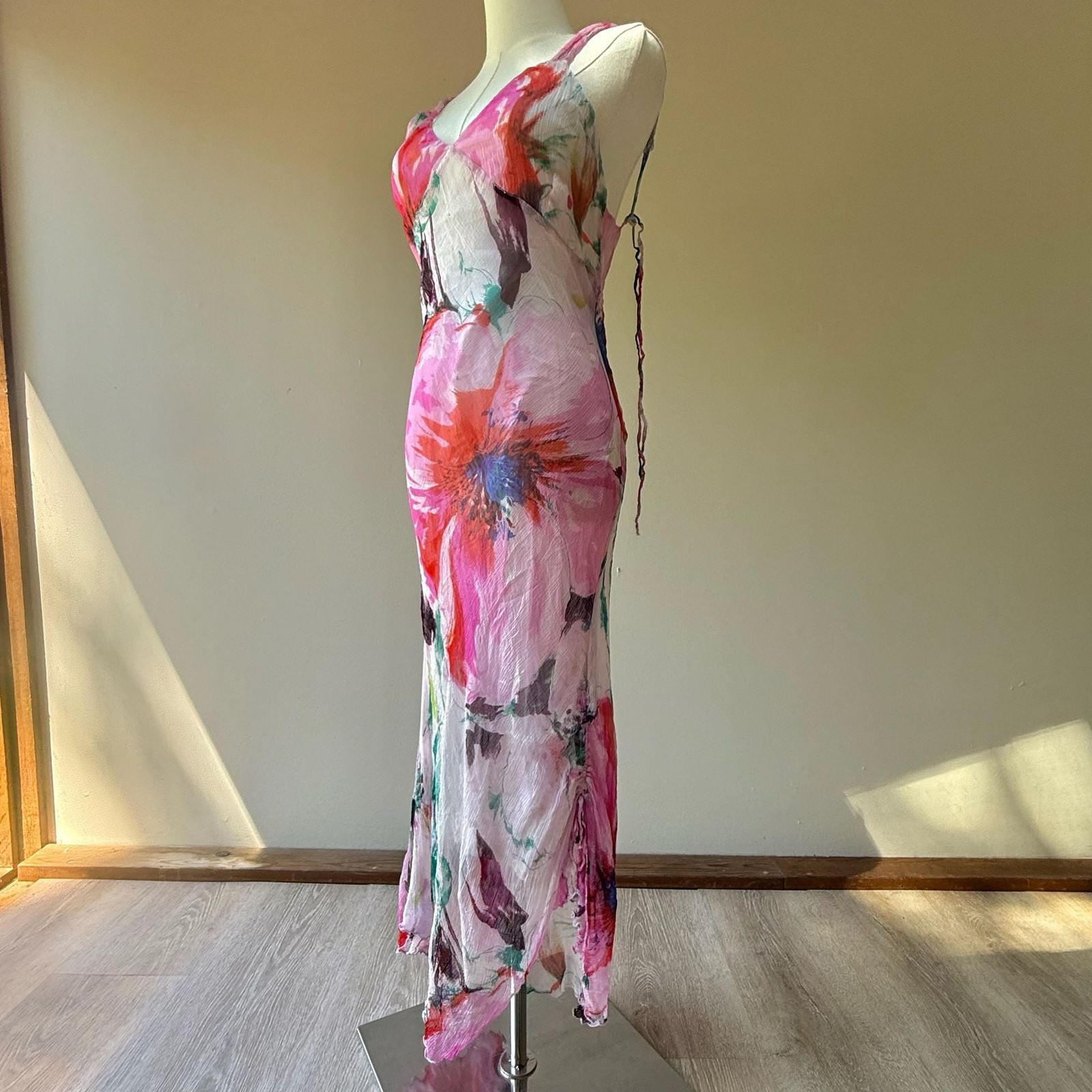 Floral Watercolor Silk Print Chiffon Maxi Slip Dress