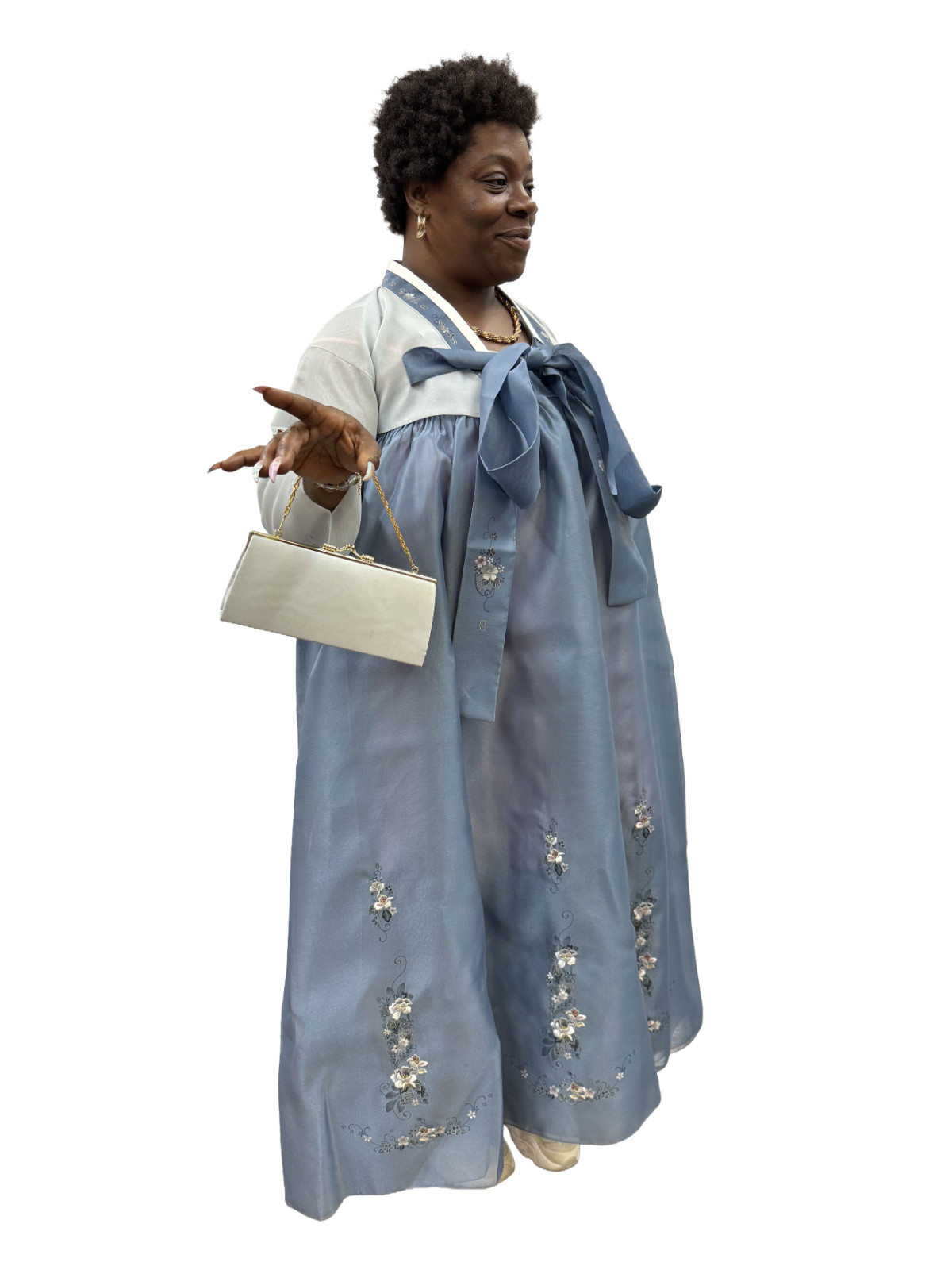Korean Women’s Hanbok Dress (Blue & Light Blue) w/ Clutch Bag