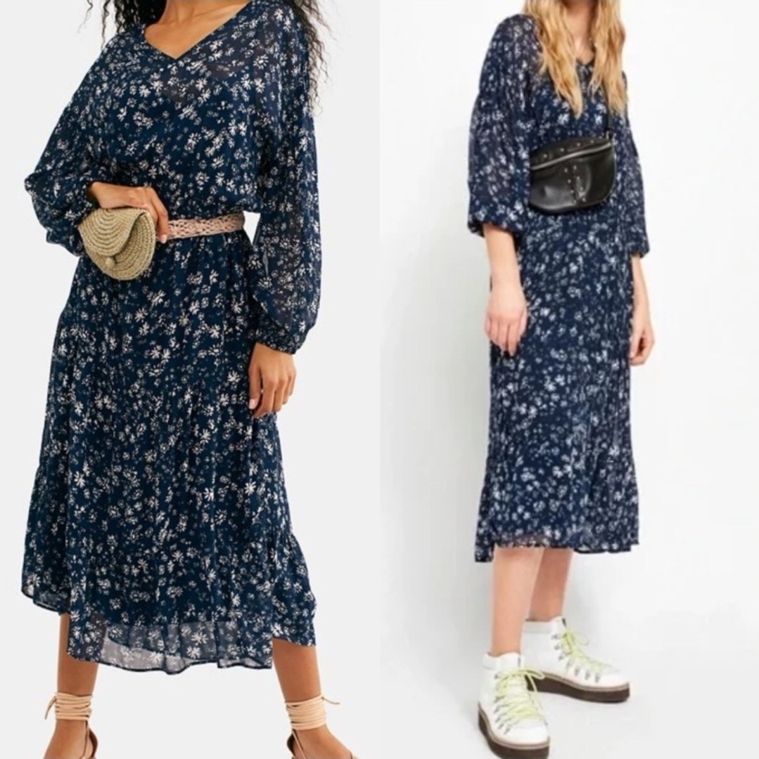 Free People Wallflower Midi Dress Size S Dark Floral Tiered Boho Cottagecore