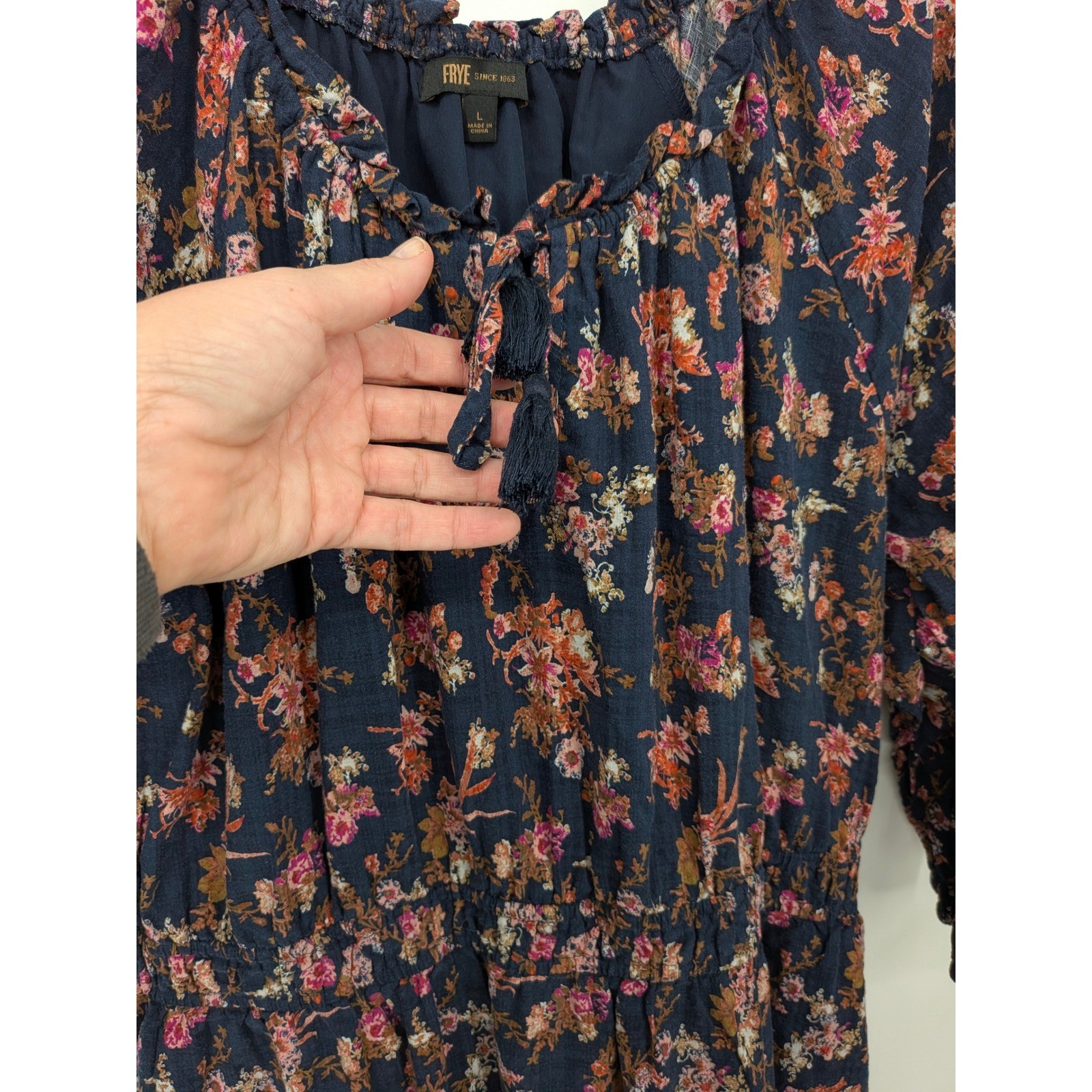 Frye Floral Midi Dress Womens Large Navy Blue Boho Tassel Tie Smocked Waist
