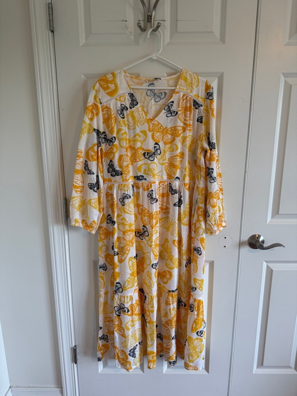 Sweet Magnolia Yellow & White Butterfly Print Tiered Midi Boho Dress Large