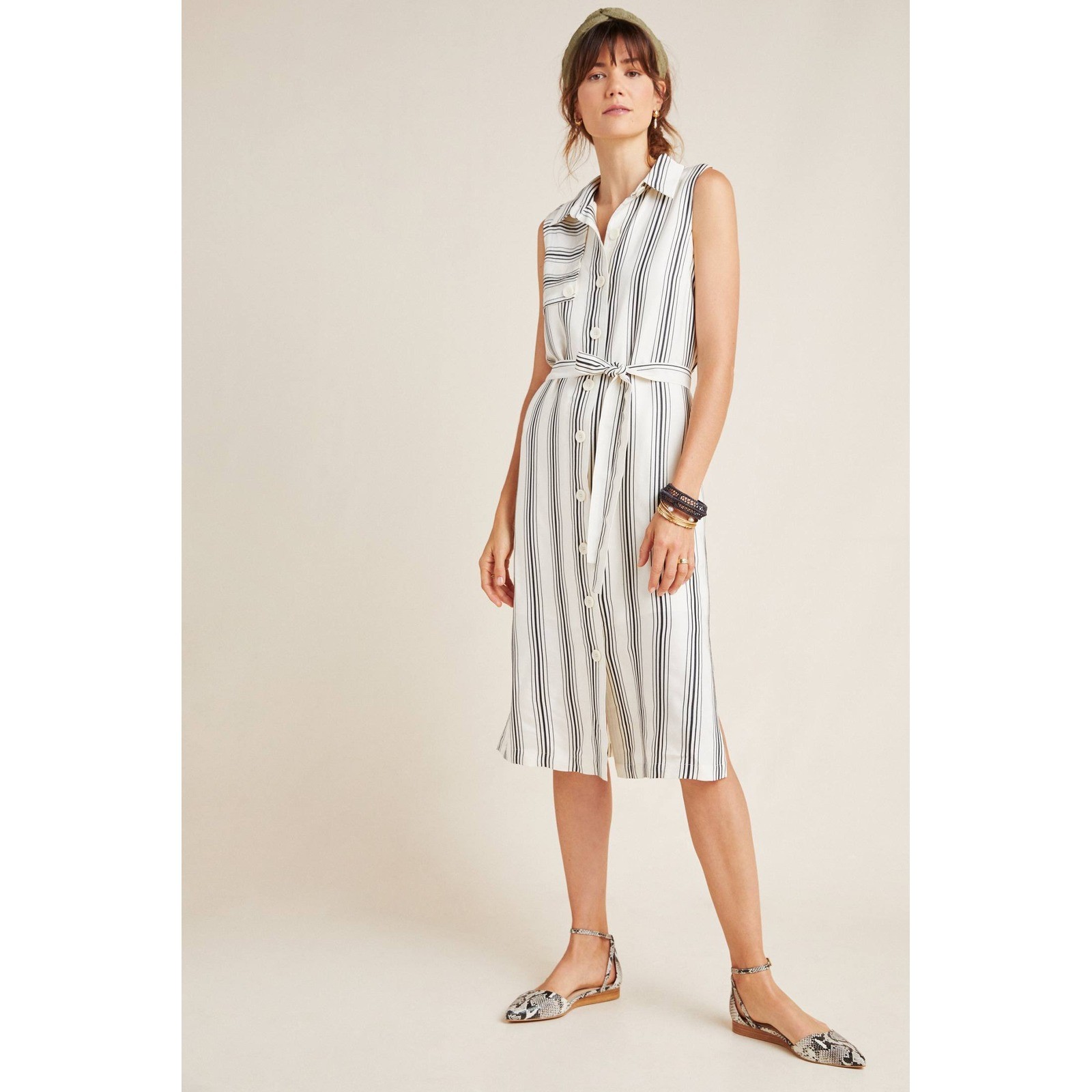 Maeve Anthropologie Esther Ivory Black Striped Sleeveless Belted Shirt Dress 12