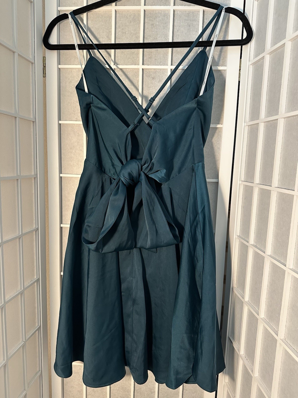 Lulus Teal Satin Fit & Flare V-Neck Sleeveless Strappy Bow Short Dress S