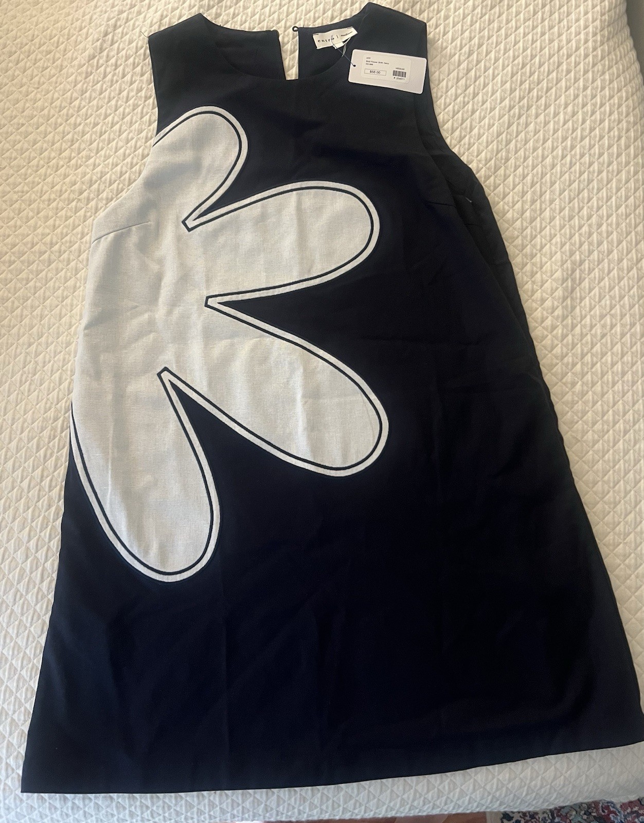 Women’s Navy/White Floral Shift Dress M Sleeveless Crew Neck Pockets Lined