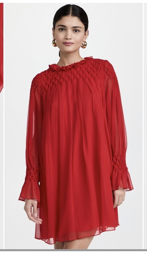 Rebecca Taylor Arden Fern Diamond Smocked Mock-Neck Dress Red SZ L Short Easter
