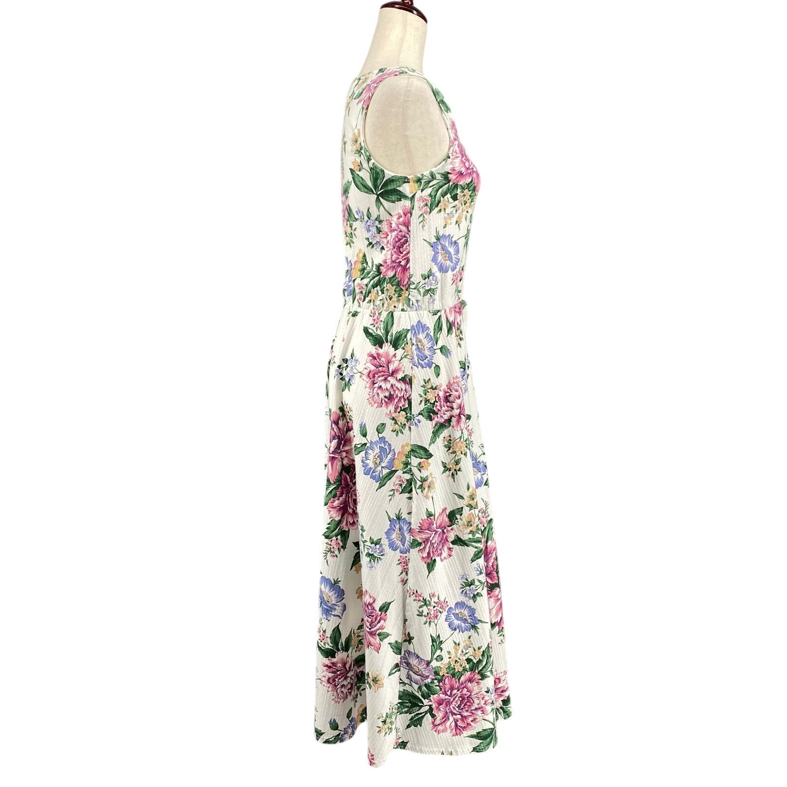 Vtg Bohemian Romantic Floral Coquette Button Down Midi Dress 8 White Pink