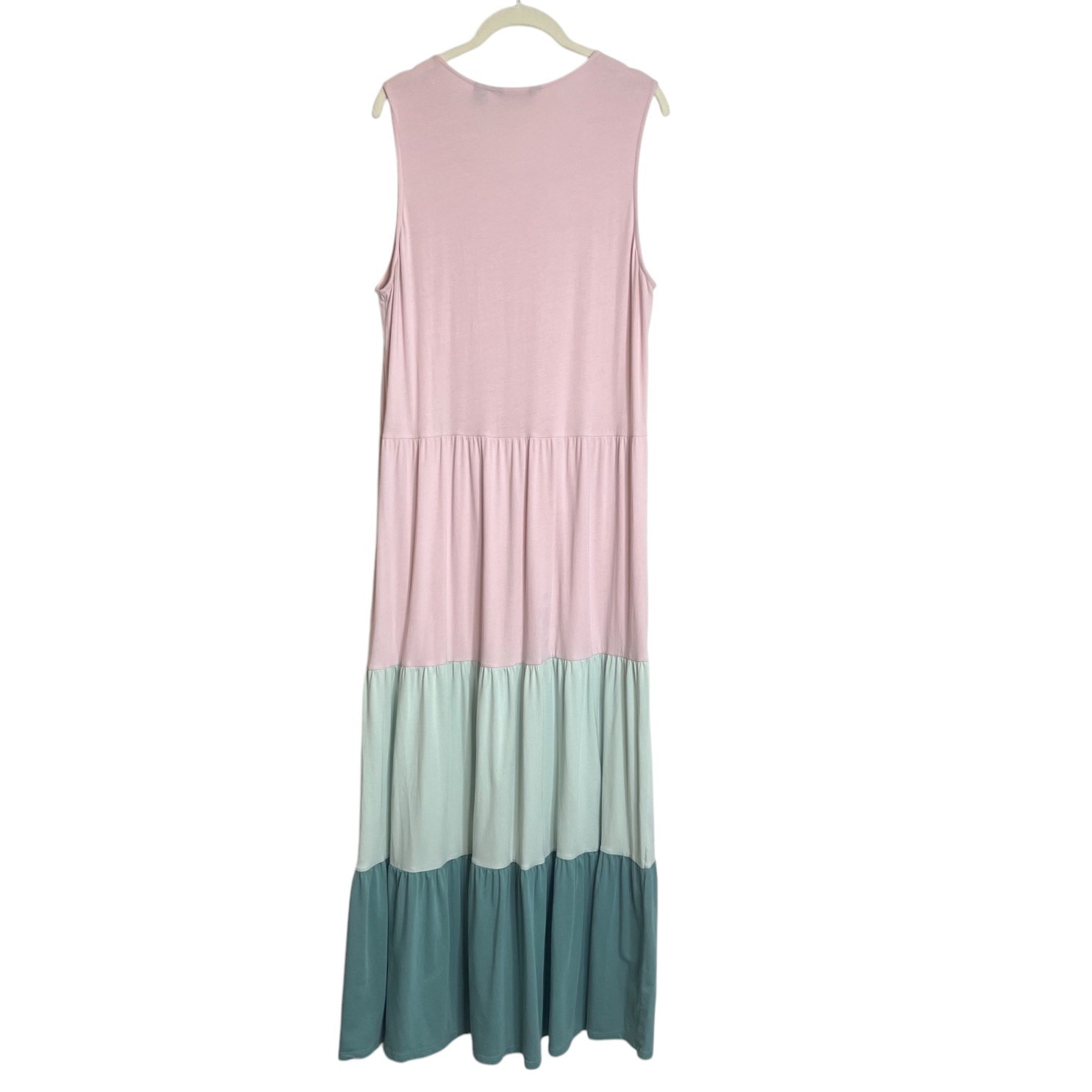 LANDS’ END Sleeveless Tiered Maxi Dress Colorblock Dress Large Pink Green Teal