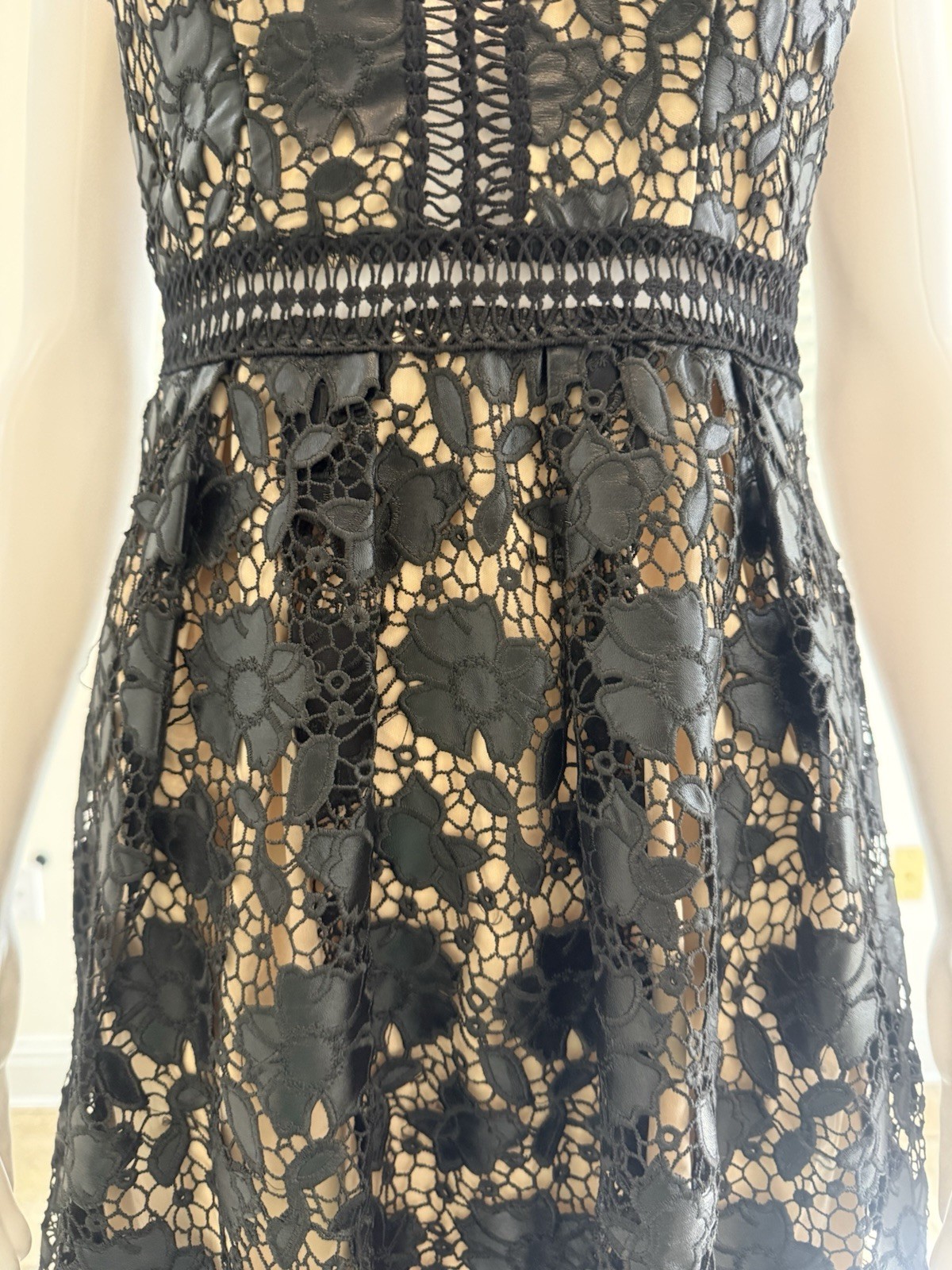Romeo & Juliet Couture Black and Nude Floral Eyelet Lace Illusion Dress SizeS