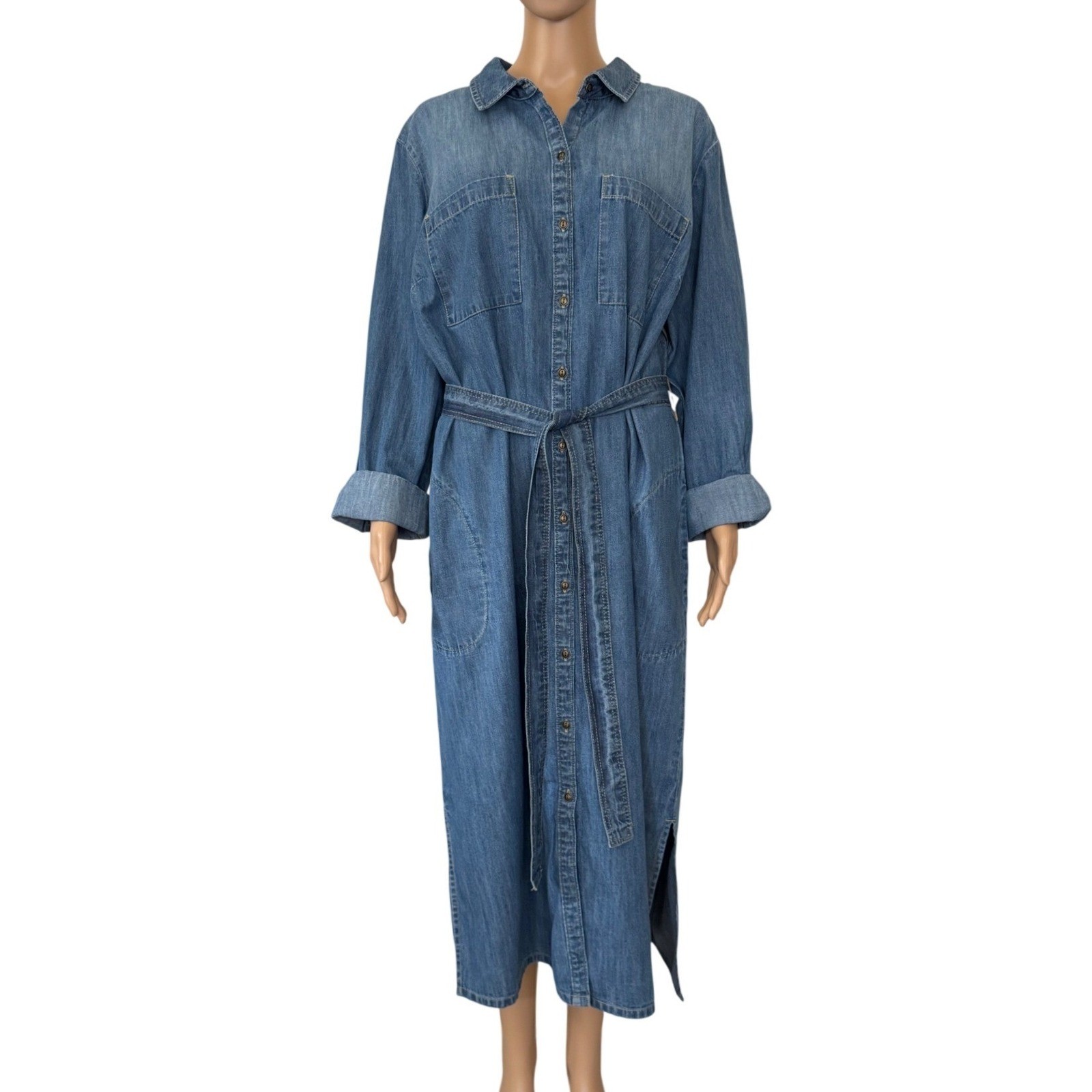 Caslon Women’s Plus 2X Denim Maxi Shirtdress Dark Medium Wash Belted CN415467WN
