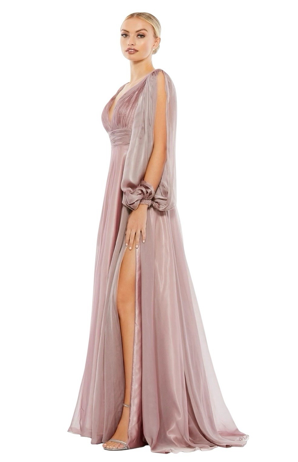 Mac Duggal 67414 Mocha Chiffon Gown Cutaway Sleeve Beaded Cuff Size 8 $598