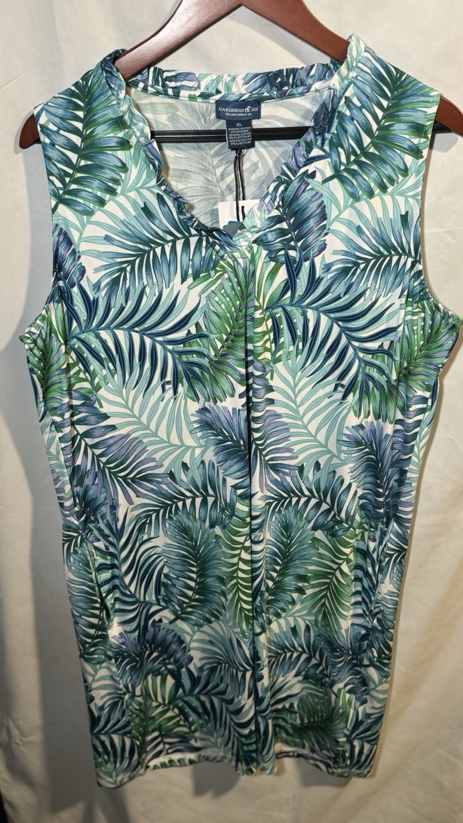 Caribbean Joe Printed Sleeveless Tunic Dress Palm Ruffle Neck Resortwear XL