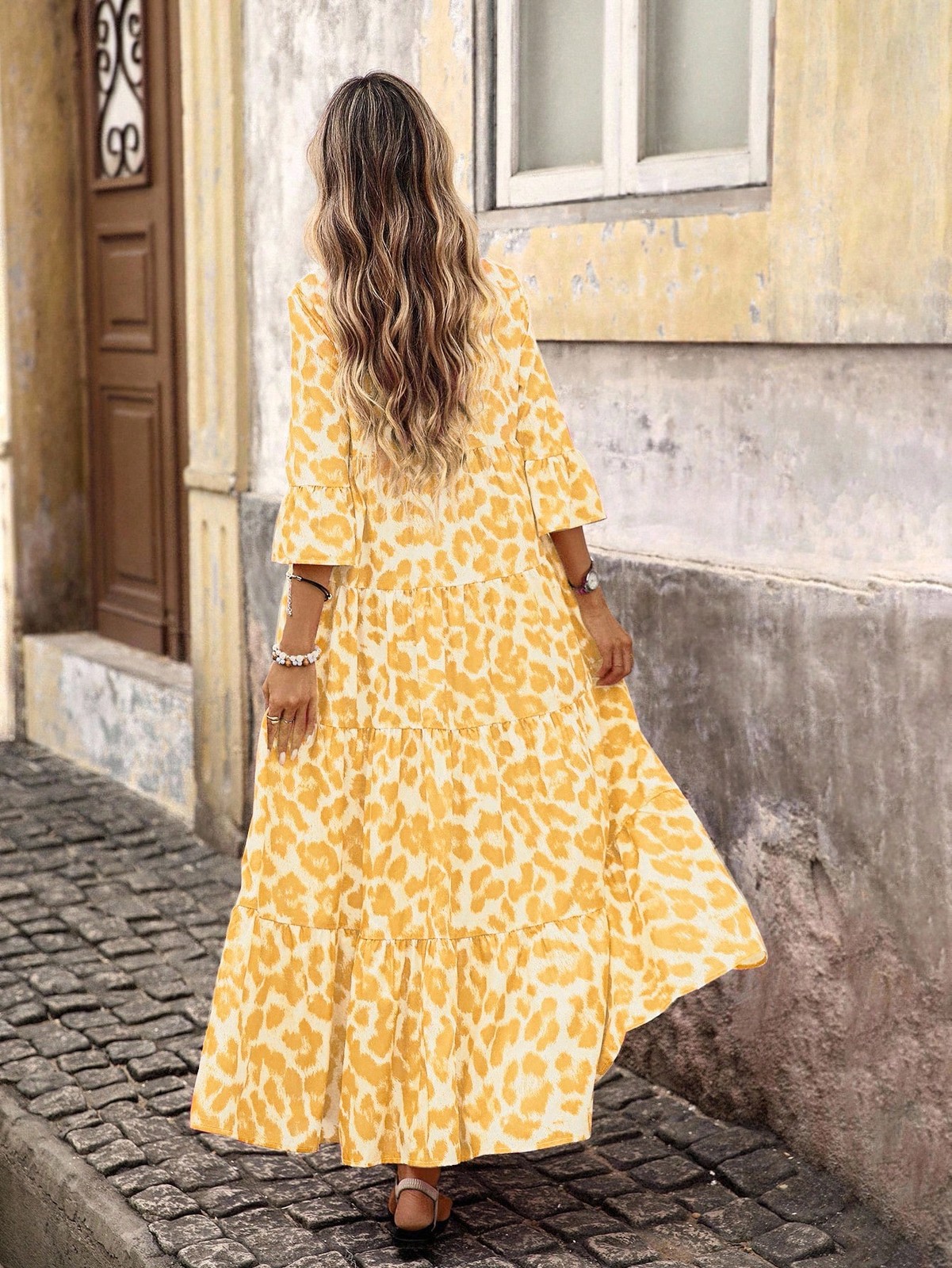 Cute Women’s Yellow Ruffle Hem Long Dress