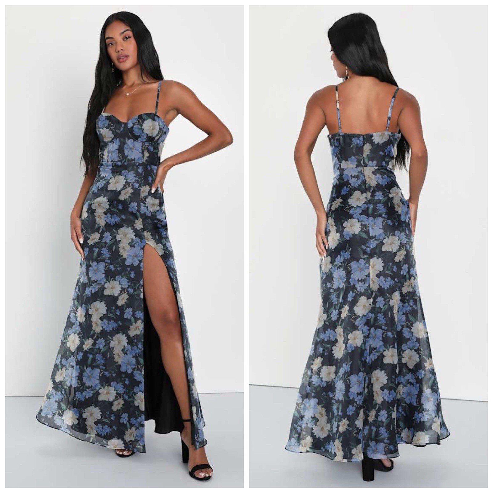 Lulu’s Sophisticated Sweetness Black Blue Floral Print Bustier Maxi Dress S NWT