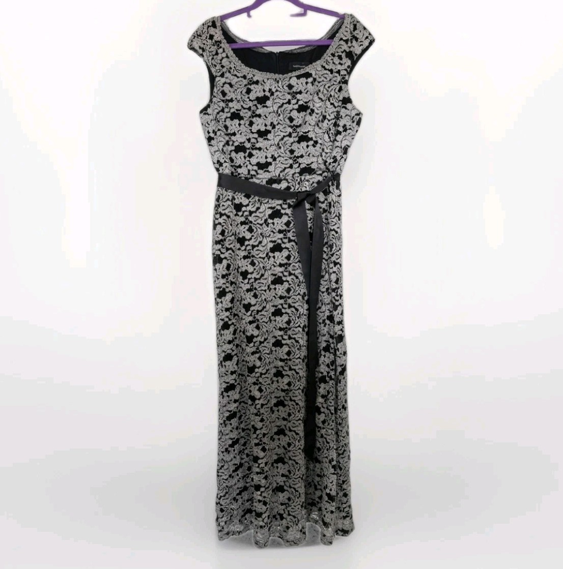 R & M Richards Women Black White Floral Lace Scoop-Neck Formal Dress Size 14