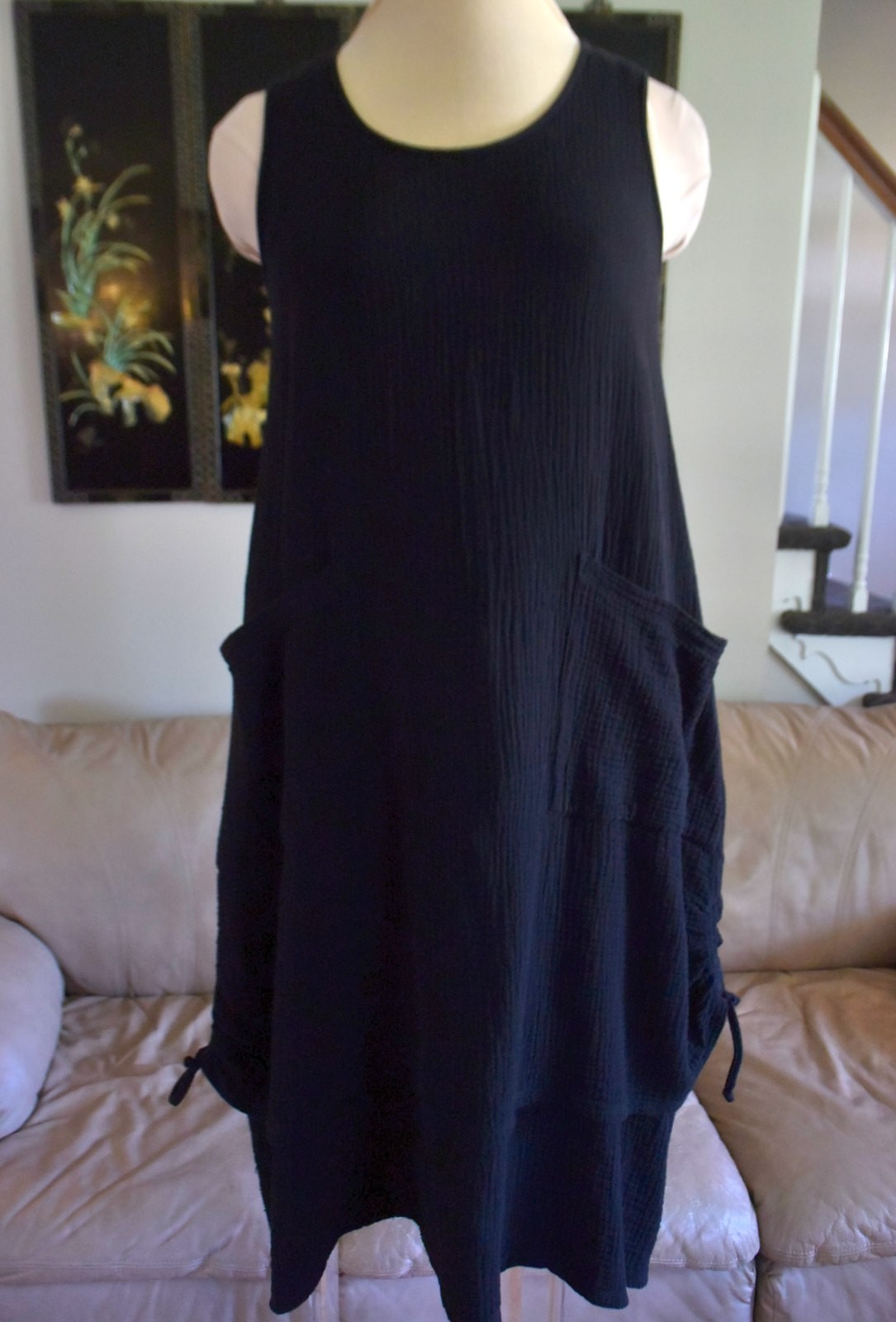 Comfy USA Gauzy Black Woven Crinkle Cotton Tiered Midi Tank Ruched Dress-XS-S