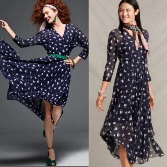 CABI Midnight Dream Dress Navy Pemberley Floral Print Midi-Dress Sz 6 #5575 NWOT