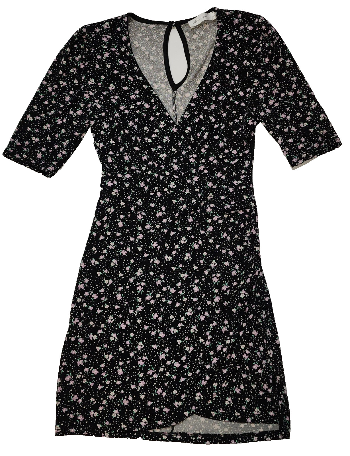 All in Favor black floral mini dress v-neck 3/4 sleeves back keyhole Size S